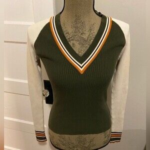 Cotton by Autumn Cashmere 70s Style Striped Ribbed V Neck long Sleeve Sweater